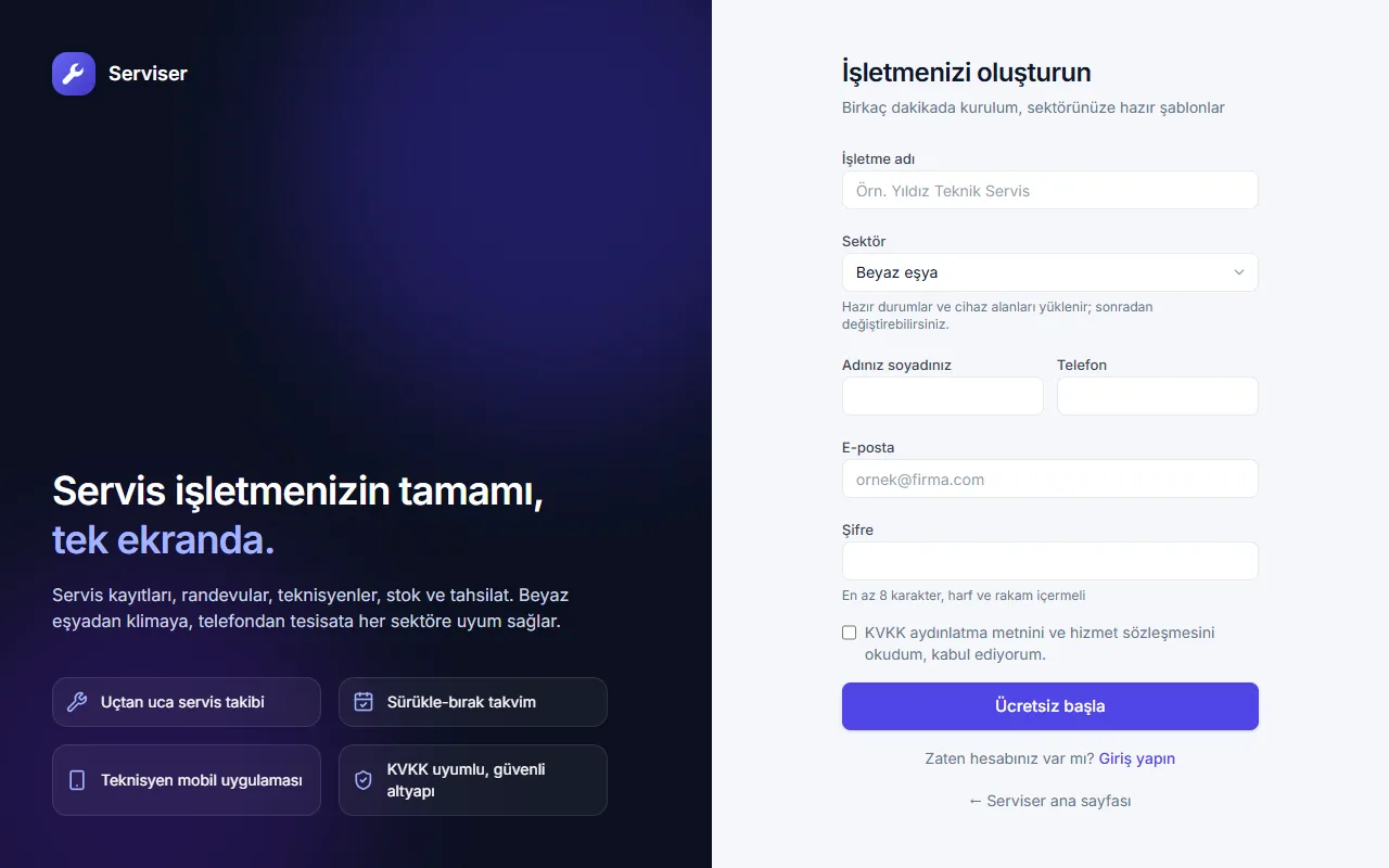 Serviser kayıt ekranı