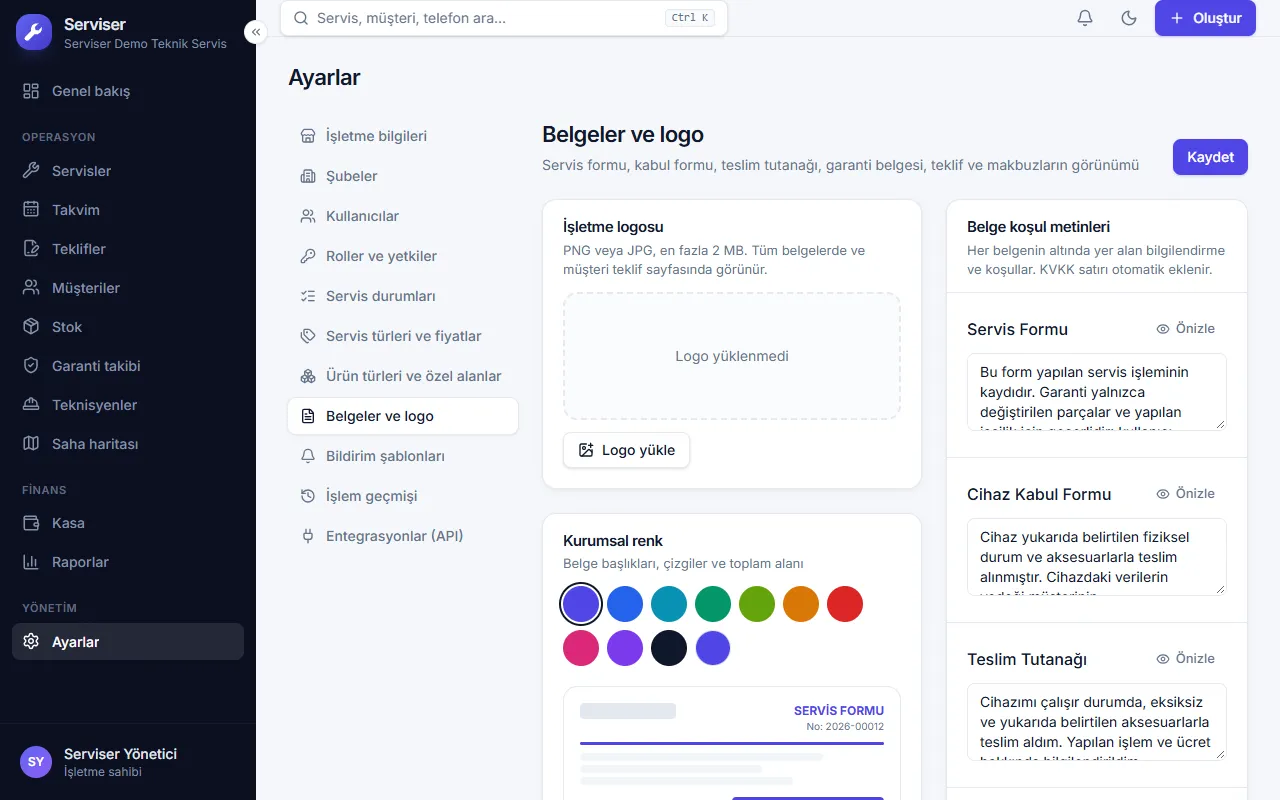 Belge ayarları