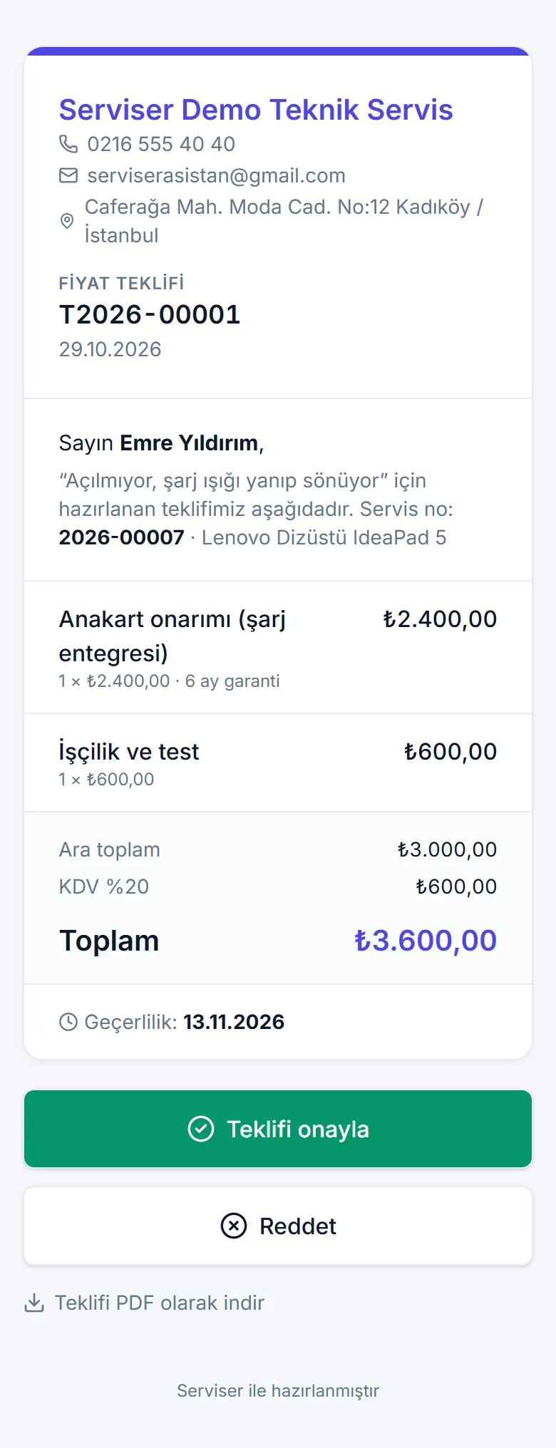 Müşterinin telefonundaki teklif onay ekranı