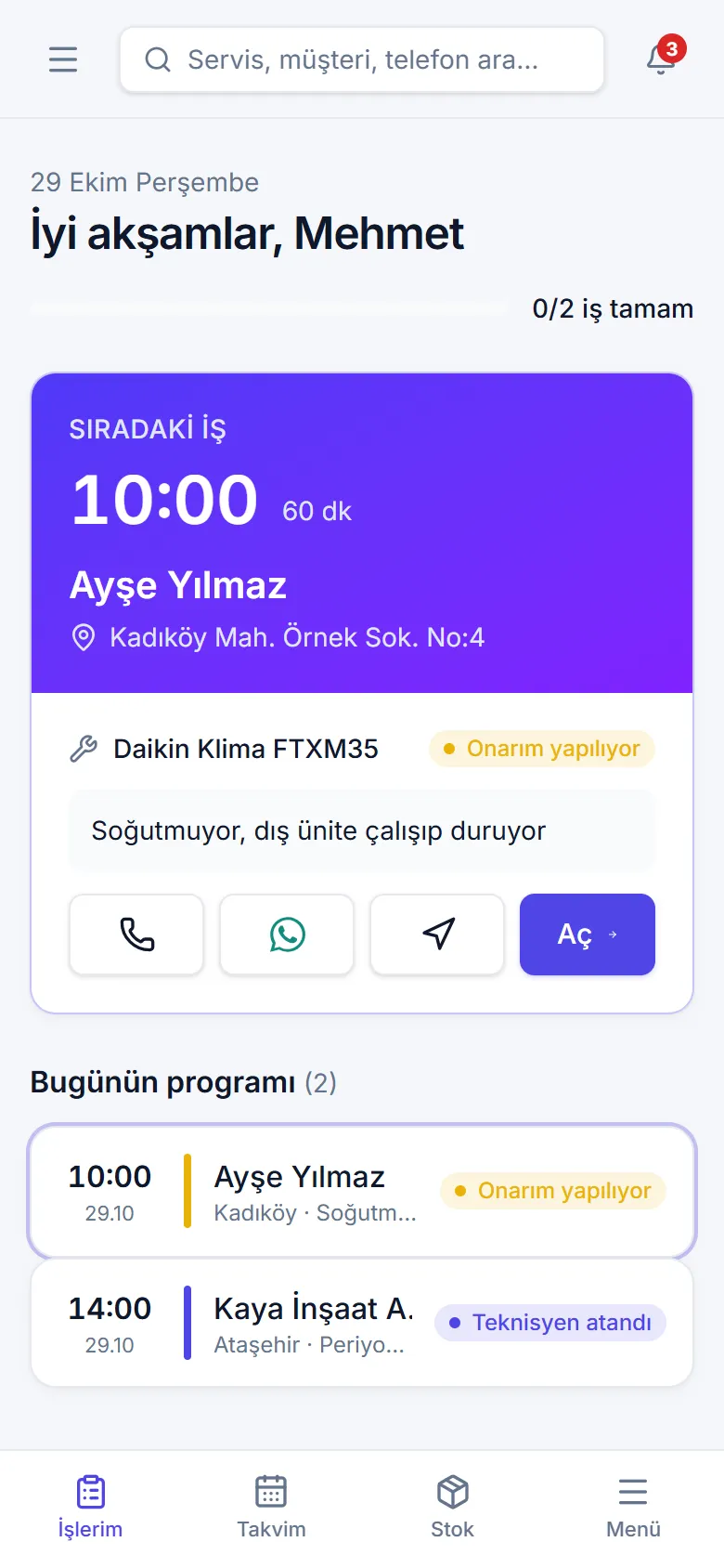 Teknisyenin İşlerim ekranı