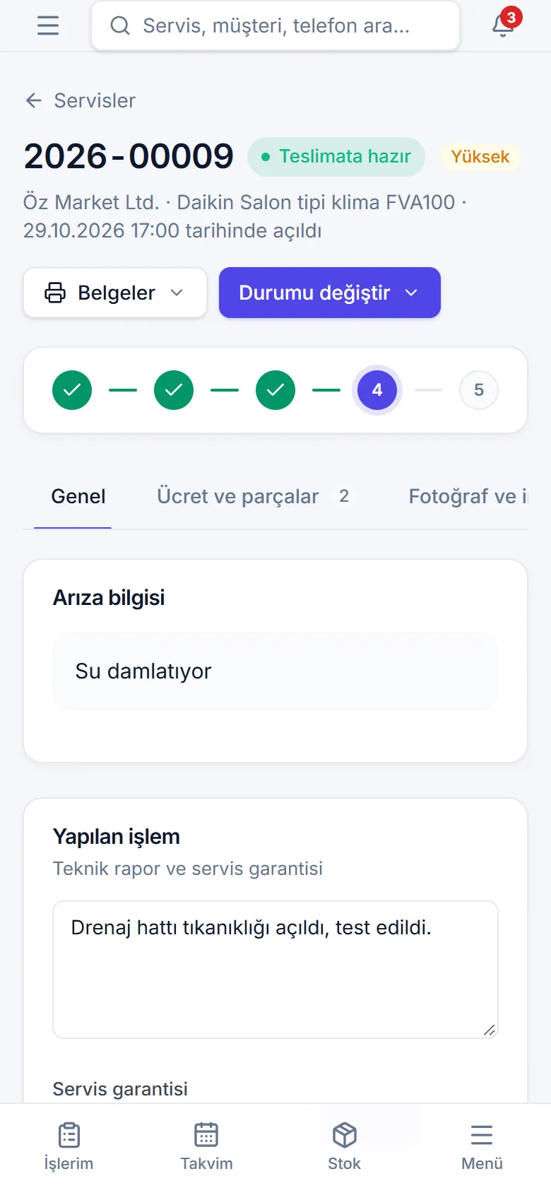 Teknisyenin servis ekranı